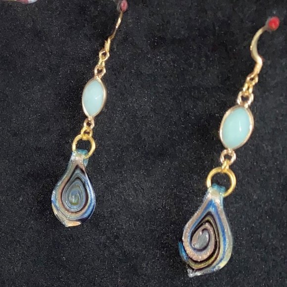 Unique Aquamarine stone dangle earring & Bracelet set - Blown glass dangle - - Picture 4 of 5